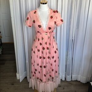 Pink Strawberry Embroidered Sequined Sheer Mesh Midi Dress
